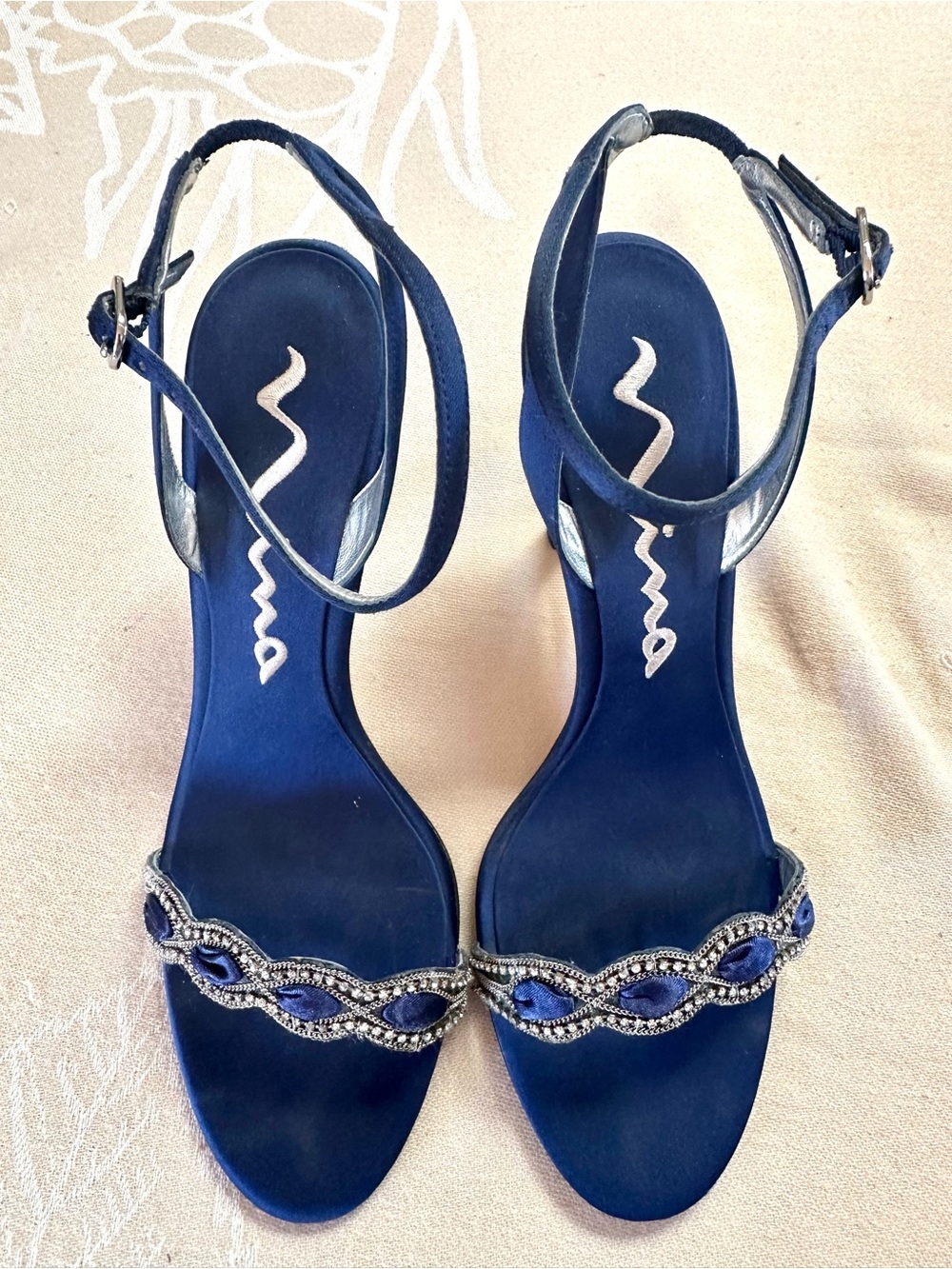 Nina Vasek Blue Satin Rhinestone Ankle Strap Heels Size 9 - Picture 2 of 9